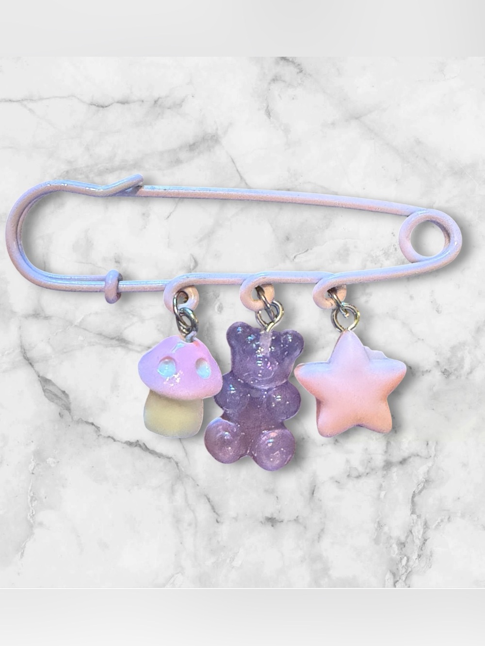 Pastel Charm Safety Pin Brooch with Mushroom, Gummy Bear, and Star